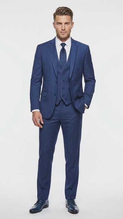Men’s Blue 3 Piece Vested Tuxedo with 2 Button Jacket, Satin Trim and Matching Pants