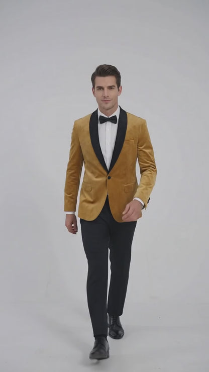 Men’s Velvet Gold Tuxedo Dinner Jacket – Black Shawl Lapel Wedding & Prom Blazer
