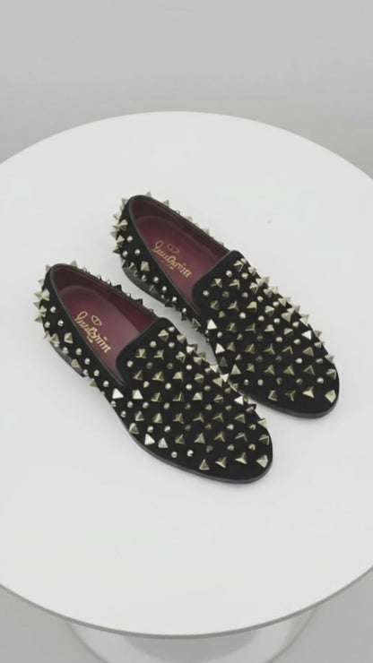 Mens Studded Velvet Loafers  Designer Party and Prom Dress Shoes with Gold and Silver Spikes