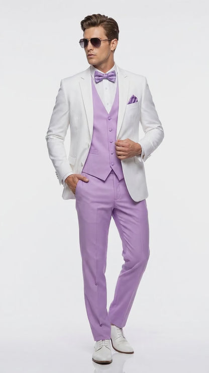 Men’s White and Lavender Tuxedo Wedding Suit with Dinner Jacket, Vest, Pants and Bow Tie