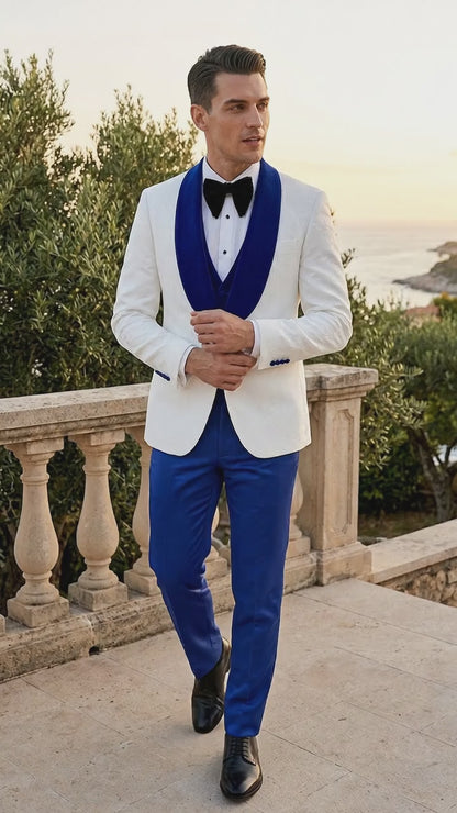 Men’s White Paisley Wedding Tuxedo with Royal Blue Velvet Shawl Lapel, Vested Prom Formal Suit Set