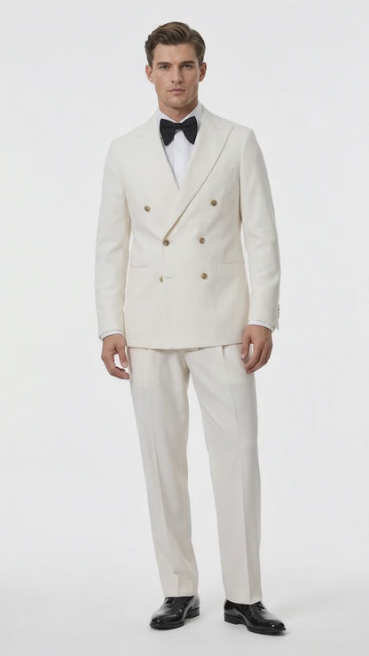 Men’s Ivory Double-Breasted Tuxedo – Gold Button Wedding, Prom and Formal Suit