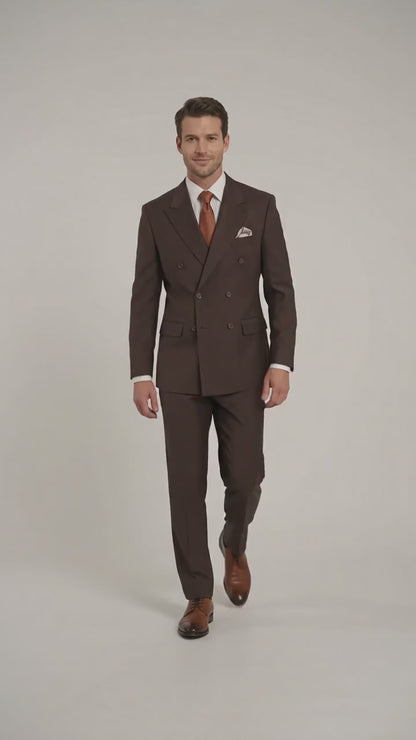 Men's Brown Double-Breasted Poplin Suit – Classic 6 Button Business, Wedding & Formal Suit for Men