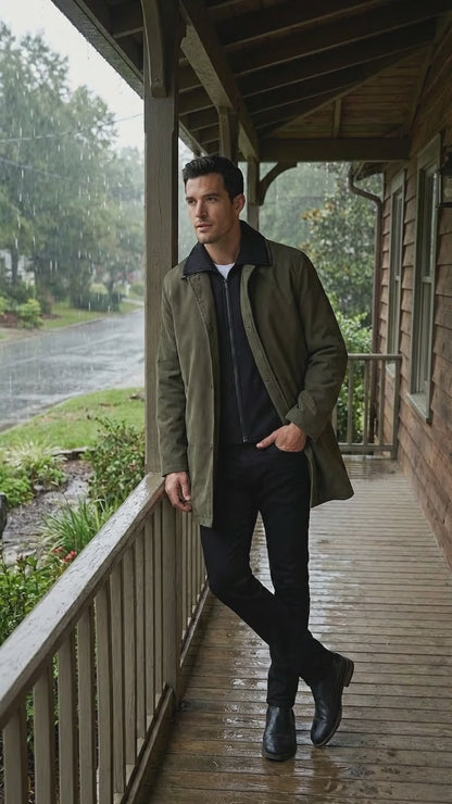 Mens Olive Brown Trench Coat Raincoat – Classic Water Resistant Long Coat with Zip and Button Closure for Business, Travel and Everyday Outerwear