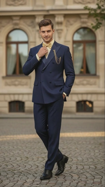 Mens Navy Blue Double-Breasted Tuxedo with navy Satin Peak Lapel Wedding Suit
