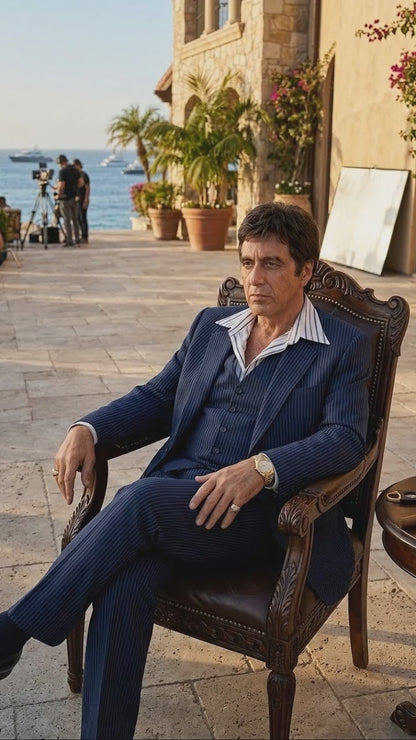 Tony Montana’s Blue Pinstripe 3 Piece Suit – Men’s Vintage Blue Striped Suit for Wedding, Prom and Classic Formal Wear