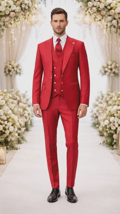Rossiman Men's Red Suit ?? Stylish 1-Button Peak Lapel Jacket & Double-Breasted Vest