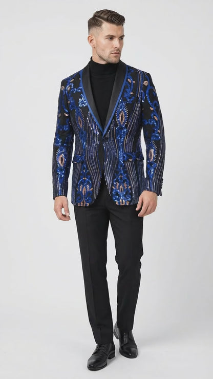 Mens Black and Royal and Gold and Navy Blue Sequin Tuxedo Suit Set – Luxury Prom Wedding Tuxedo with Sequin Jacket