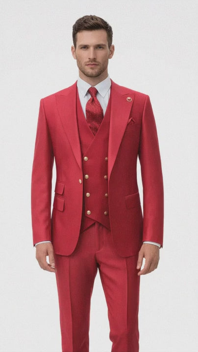 Rossiman Men's Red Suit ?? Stylish 1-Button Peak Lapel Jacket & Double-Breasted Vest