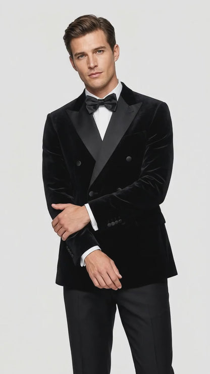 Men’s Black Velvet Double Breasted Tuxedo Blazer with Satin Peak Lapel, Formal Dinner Jacket