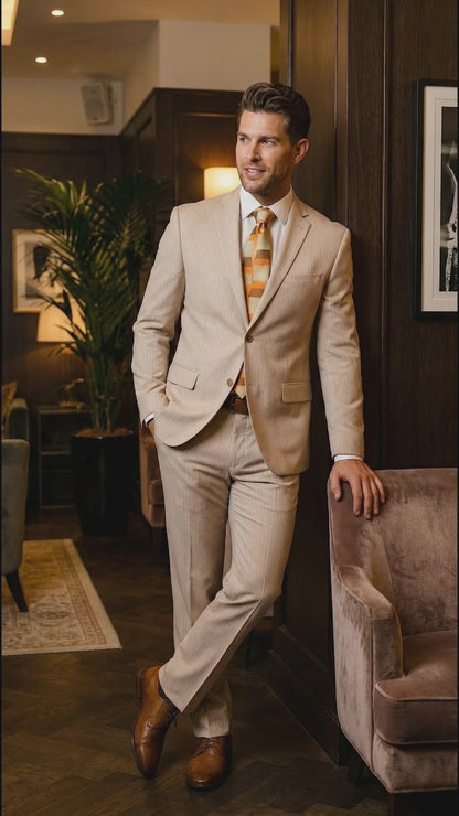 Vitali Men’s Natural Beige Pinstripe Suit – Summer Tan Pinstripe  Weddings and Business Wear