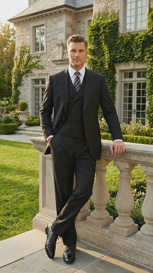 Tiglio Mens Black 3 Piece Suit – Single Button Classic Fit Pleated Wide Leg Pants Formal Business Chruch Suit - 100% Wool