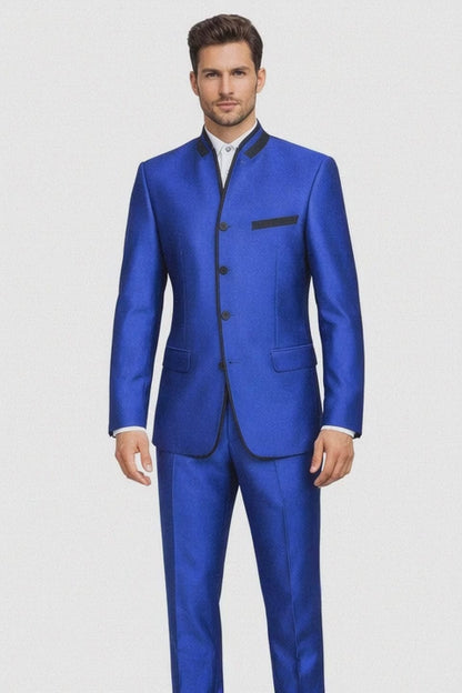 Mens 4 button Mandarin Tuxedo in Sharkskin Royal Blue with Black Trim