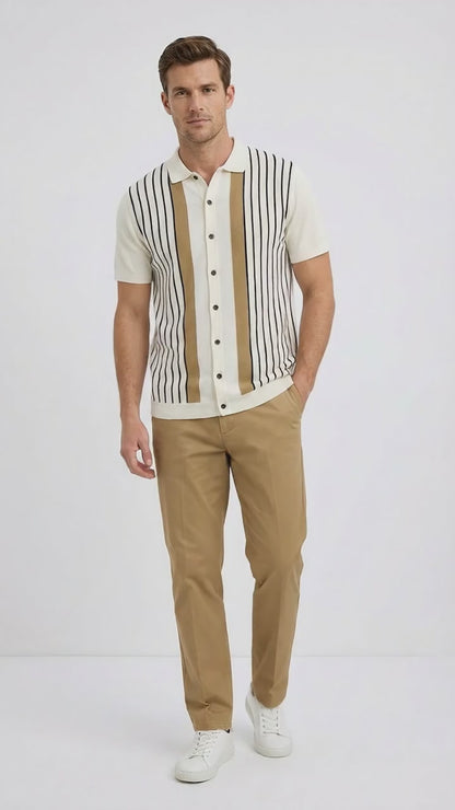Mens Cream and Tan Striped Walking Suit Set – Casual Summer Short Sleeve Shirt and Pants Outfit for Vacation, Travel and Everyday Wear