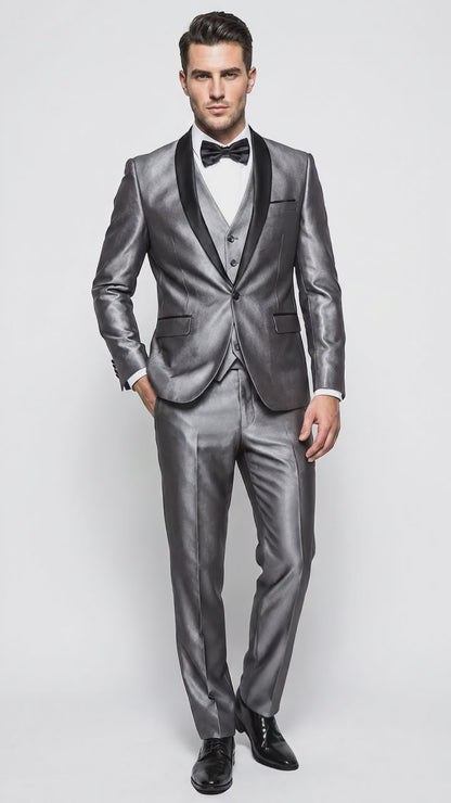 Men’s Silver Grey Sharkskin Vested Tuxedo with 1 Button Jacket, Shawl Lapel and Matching Pants