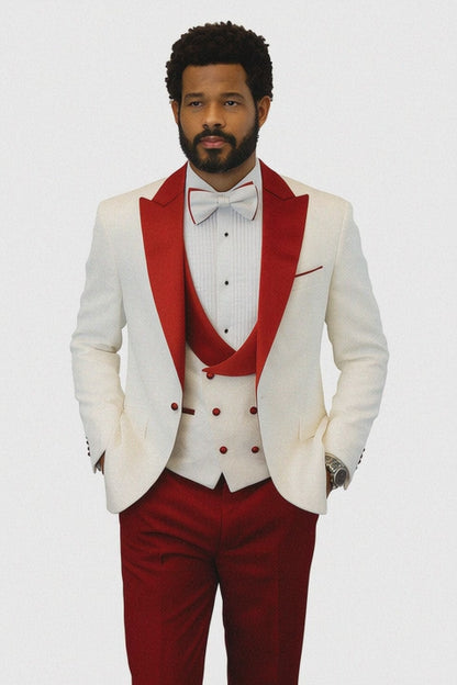 Hilton White and Red Paisley Peak Lapel Tuxedo Jacket with Matching Shawl Vest and Wool Pants  Includes Bow Tie