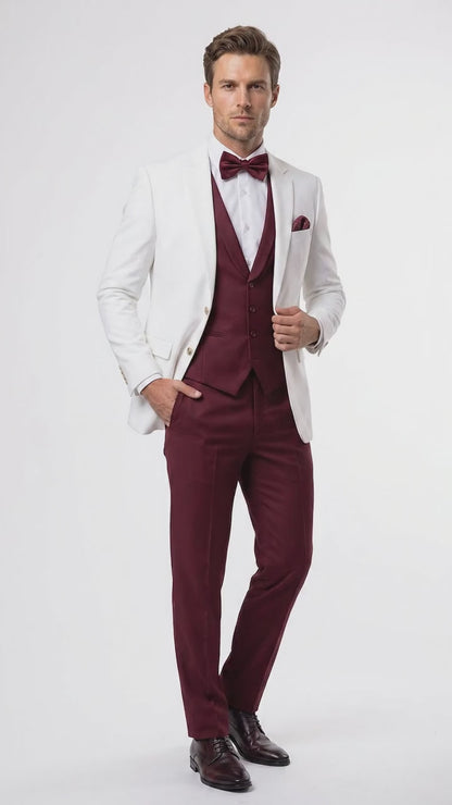Men’s White and Burgundy 3 Piece Tuxedo Suit, Vested Formal Wedding Prom Dinner Suit Set bowtie included