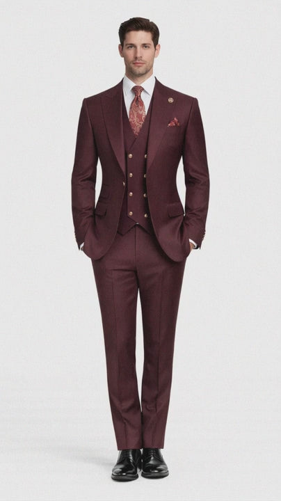 Rossiman Burgundy Suit for Men Peak Lapel 1-Button Jacket & Double-Breasted Vest