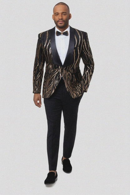 Black Tuxedo - Shawl Lapel Black and Gold Sequin Prom Tuxedo Mens Wedding Suit - Black Prom Suit