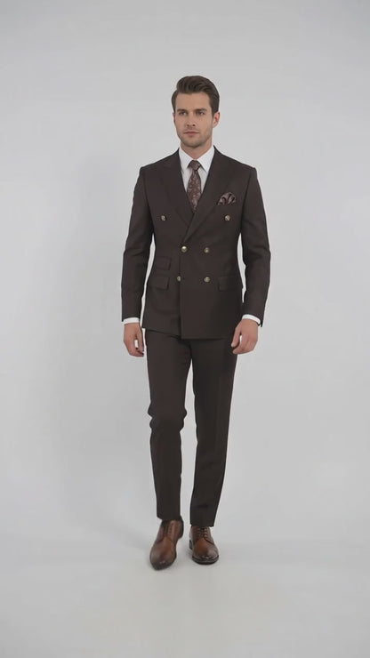 Men’s Brown Double Breasted Suit with Gold Buttons, Designer Formal Wedding Business Suit