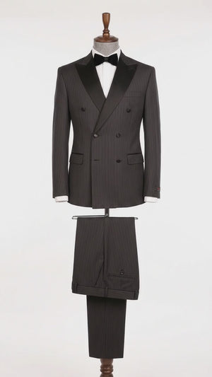 Men’s Black Shadow Pinstripe Double-Breasted Tuxedo Tone on Tone Formal Wedding  Suit Modern Fit 1920s Style