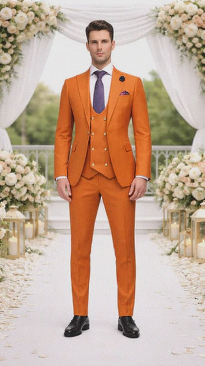 Rossiman Rust Men's Slim Fit Suit Double Breast Vest Flat Front Pants