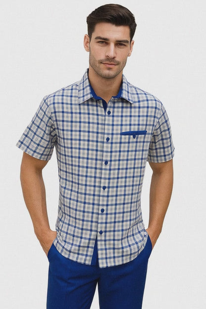 Mens Plaid Walking Suit in Royal by Dreams by Zacchi  2 Piece Leisure Outfit with Matching Shirt and pant - $99