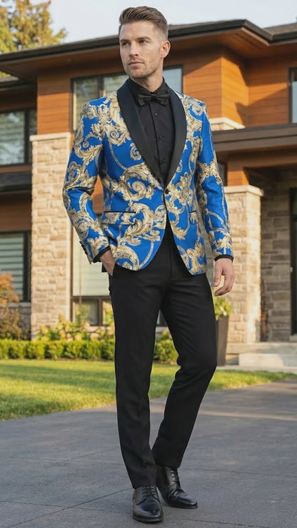 Men’s Royal Blue and Gold Blazer Jacket – Luxury Floral Pattern Tuxedo Blazer, Formal Party Wedding Dinner Jacket, Stylish Evening Wear