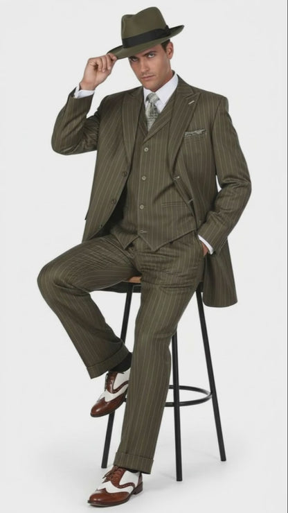 Mens Olive Green Pinstripe Zoot Suit  1920s Gangster Vintage 3-Piece Suit for Formal and Themed Events