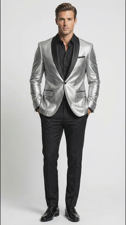 Men’s Shiny Silver Blazer with Black Lapel – Luxury Metallic Formal Jacket for Party, Evening and Special Events