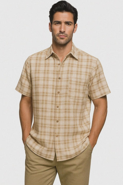 Mens Textured Plaid Walking Suit in tan/cream  by Dreams by Zacchi  2 Piece Leisure Outfit with matching shirt and pant -$99