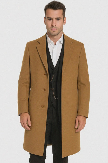 Mens Camel Overcoat  Classic Single Breasted Wool Long Coat with Peak Lapel