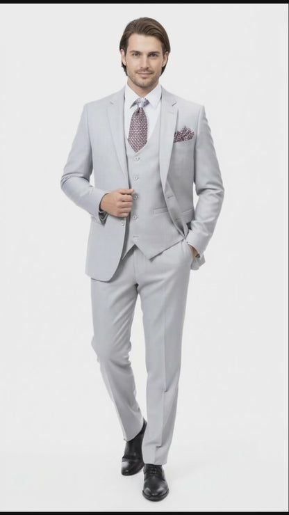 Mens Very Light Gray Three-Piece  Wedding Suit 2 Buttons Modern or Slim Fit  Ash Bone Color Steel Grey
