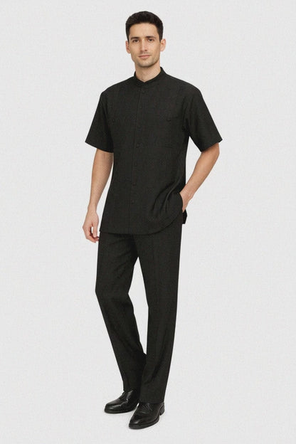 Mens Black Banded Collar Walking Suit Short Sleeve Shirt and Matching Pants Banded Collar Linen Fabric