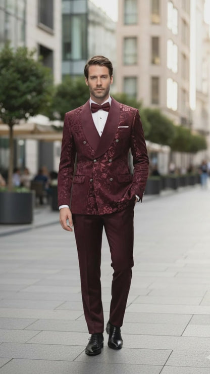 Men’s Burgundy Floral Jacquard Tuxedo Dinner Jacket – Paisley Velvet Lapel Formal Wear for Weddings and Prom