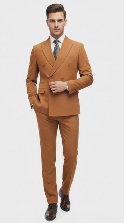 Mens Vitali Brand Rustish Orange Brown Copper Color Double Breasted Slim Fit Suit