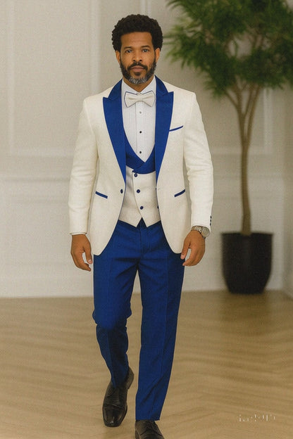 Hilton White and Royal Blue Paisley Peak Lapel Tuxedo Jacket with Matching Shawl Vest and Wool Pants  Includes Bow Tie