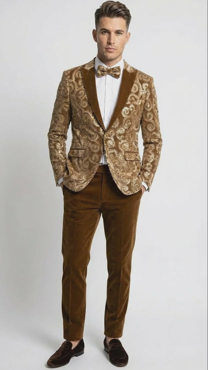 Mens Goldish Light brown Tuxedo dinner Jacket Embroidered Blazer  Velvet Jacket for Formal Paisley Pattern Coffee Mocca Color