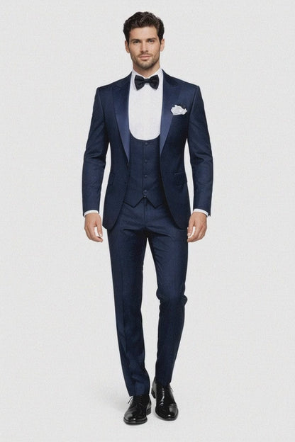 Mens Navy Blue Tuxedo with Satin Peak Lapel with navy sateen   3 Piece Formal Suit with Vest and Bow Tie