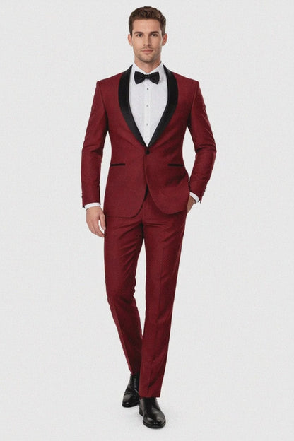 Mens Slim Fit 1 Button Shawl Tuxedo in Burgundy - Mens Slim Fitted Tuxedo