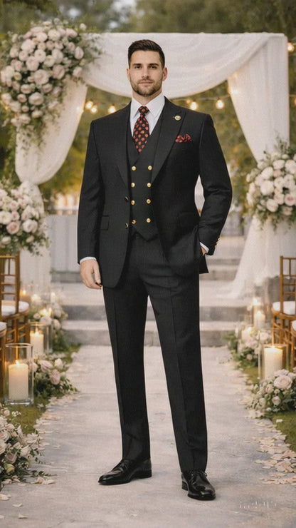 Rossiman Brand Black Suits - 1 Button Suit Peak Lapel Double Breasted Vest