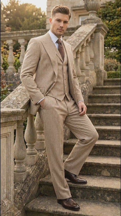 Men’s Beige tan Checkered Three Piece Suit with Classic Fit Wide Leg Pleated Pants by Rossiman khaki color