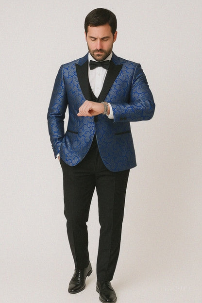 Mens Shiny Flower Pattern Paisley Tuxedo in Royal Blue