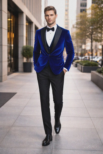 Men's Designer Velvet Tuxedo Dinner Jacket in Dark Royal Blue Big and Tall Prom Tuxedos
