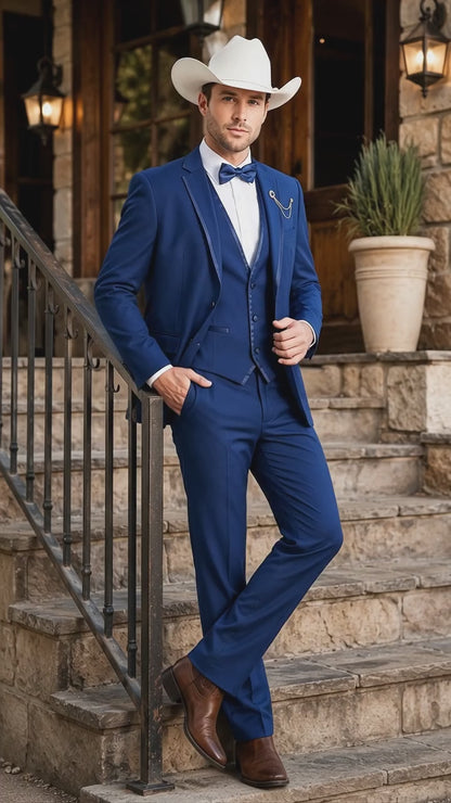 Men’s Blue Western Tuxedo Suit, 3 Piece Cowboy Formal Wedding Prom Suit with Satin Trim