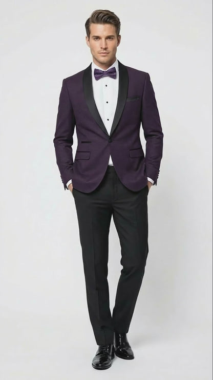 Men's Eggplant Plum Purple Tuxedo Blazer with Satin Lapel, White Tuxedo Shirt and Matching Purple Bow Tie - Slim Fitted - Prom wedding Suit With Pants