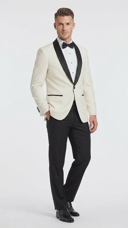 Men’s Ivory Dinner Jacket Blazer with Black Shawl Lapel, Formal Wedding Tuxedo Sport Coat