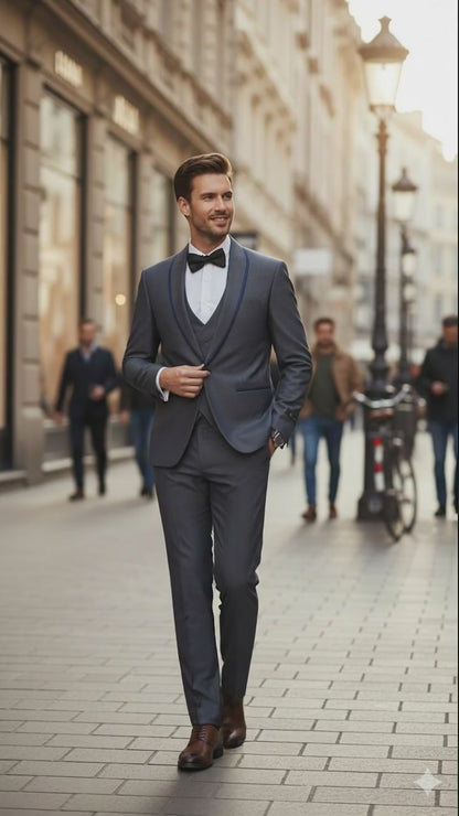Mens Charcoal Gray with blue Trim Slim Fit 3-Piece Suit  Modern Wedding and Business Formal Tuxedo Set