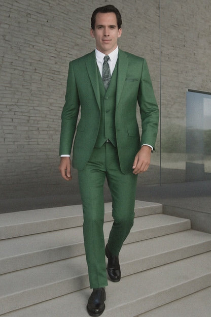 Mens 2 Button Slim Fit Vested Wool Suit in Forest Green