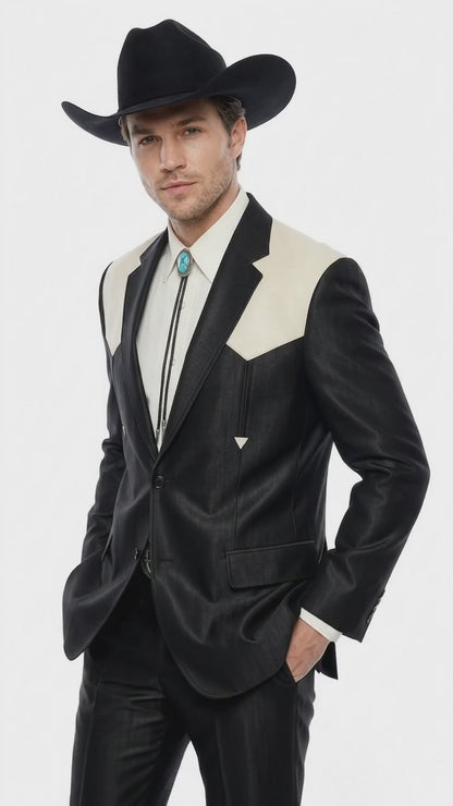 Men's Black Western Suit with White Shoulder Yoke – 2 Piece Cowboy Wedding Suit & Western Blazer with Matching Dress Pants